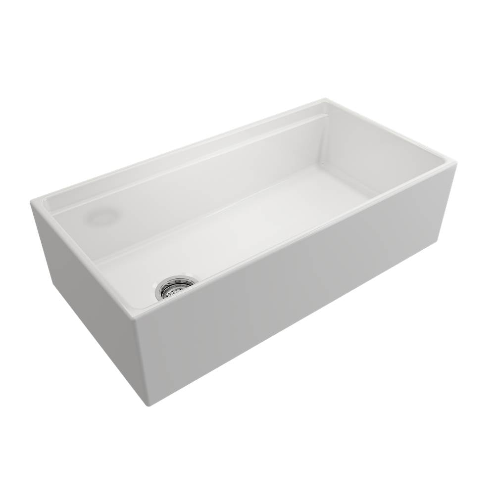 BOCCHI - Contempo Step-Rim Apron Front Fireclay 36 in. Single Bowl Kitchen Sink with Integrated Work Station & Accessories in White - White