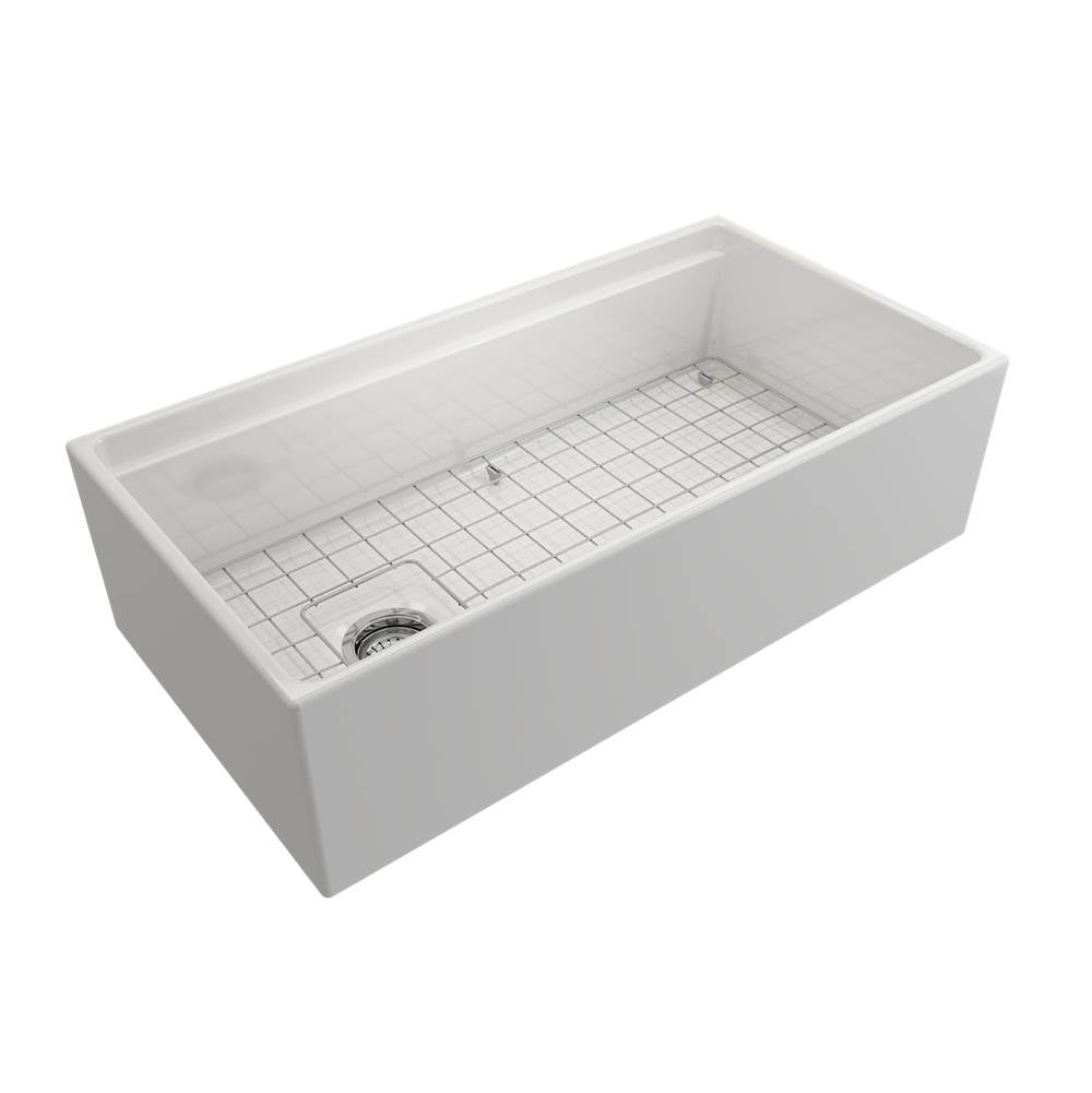 Contempo Step-Rim Apron Front Fireclay 36 in. Single Bowl Kitchen Sink with Integrated Work Station & Accessories in White