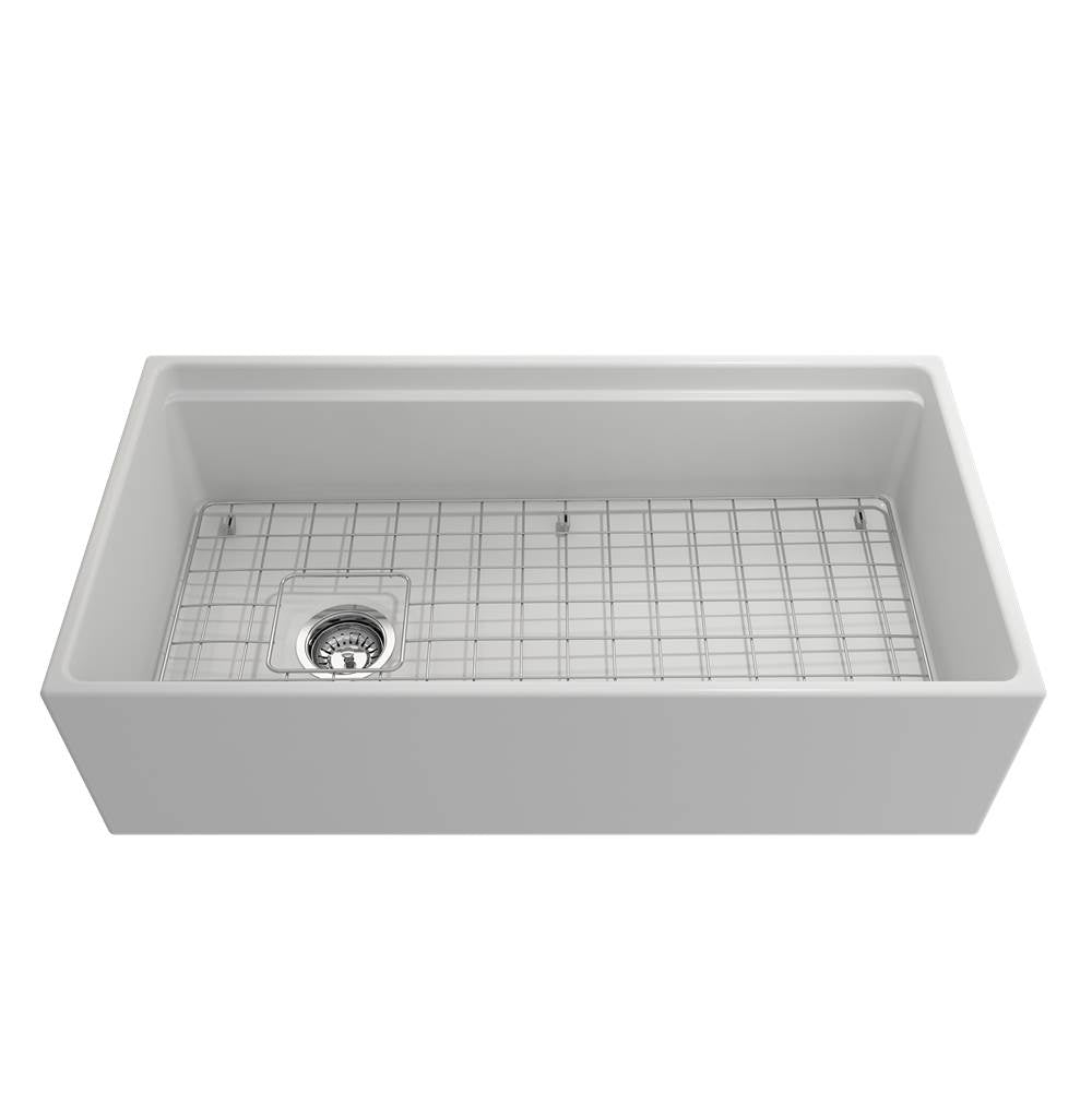 Contempo Step-Rim Apron Front Fireclay 36 in. Single Bowl Kitchen Sink with Integrated Work Station & Accessories in White