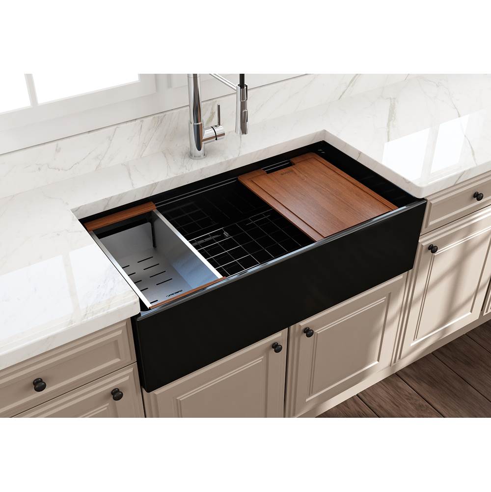 Contempo Step-Rim Apron Front Fireclay 36 in. Single Bowl Kitchen Sink with Integrated Work Station & Accessories in White