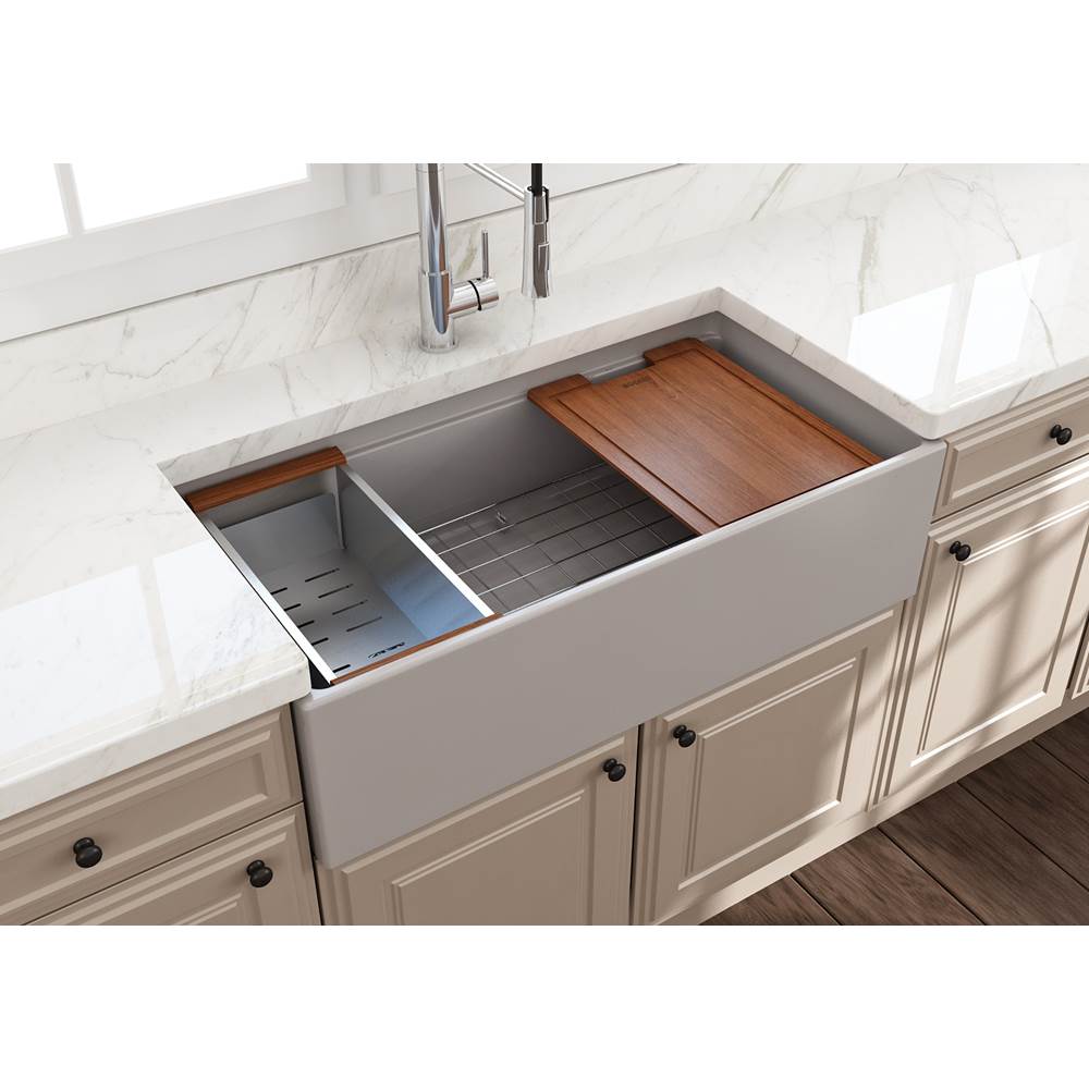 Contempo Step-Rim Apron Front Fireclay 36 in. Single Bowl Kitchen Sink with Integrated Work Station & Accessories in White