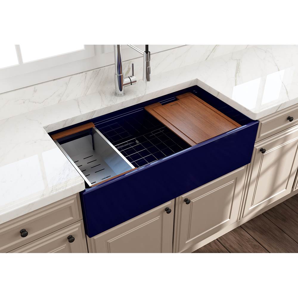 Contempo Step-Rim Apron Front Fireclay 36 in. Single Bowl Kitchen Sink with Integrated Work Station & Accessories in White