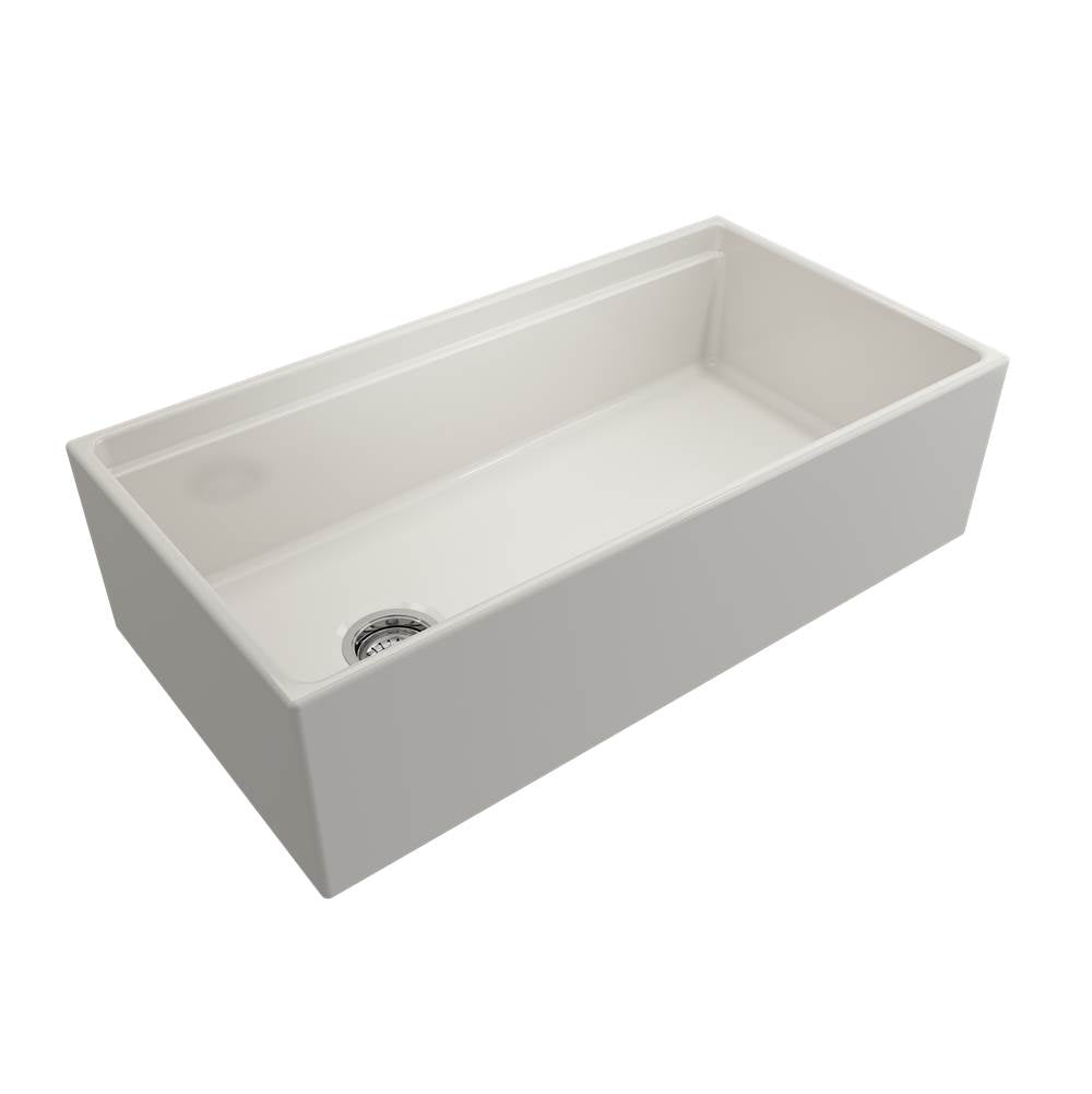 BOCCHI - Contempo Step-Rim Apron Front Fireclay 36 in. Single Bowl Kitchen Sink with Integrated Work Station & Accessories in Biscuit - Biscuit
