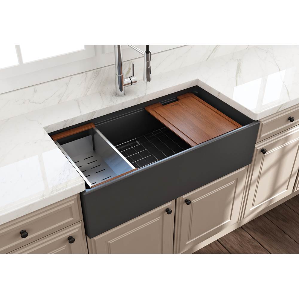 Contempo Step-Rim Apron Front Fireclay 36 in. Single Bowl Kitchen Sink with Integrated Work Station & Accessories in White