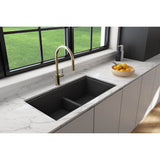 BOCCHI - Baveno Lux Undermount 33''. Double Bowl Granite Composite Kitchen Sink with Integrated Workstation and Accessories in Matte Black with Covers - Matte Black