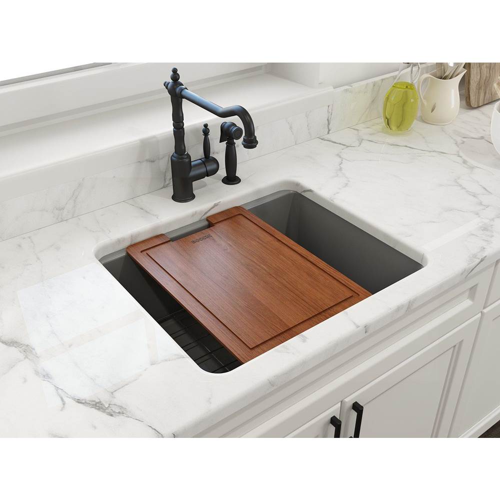 BOCCHI - Sotto Dual-Mount Fireclay 24 in. Single Bowl Kitchen Sink with Protective Bottom Grid and Strainer in Matte Gray - Matte Gray