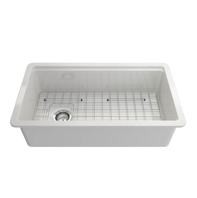 BOCCHI - Sotto Step-Rim Tri-Mount Fireclay 34 in. Single Bowl Kitchen Sink Integrated Workstation and Accessories with Protective Bottom Grid and Strainer in White - White
