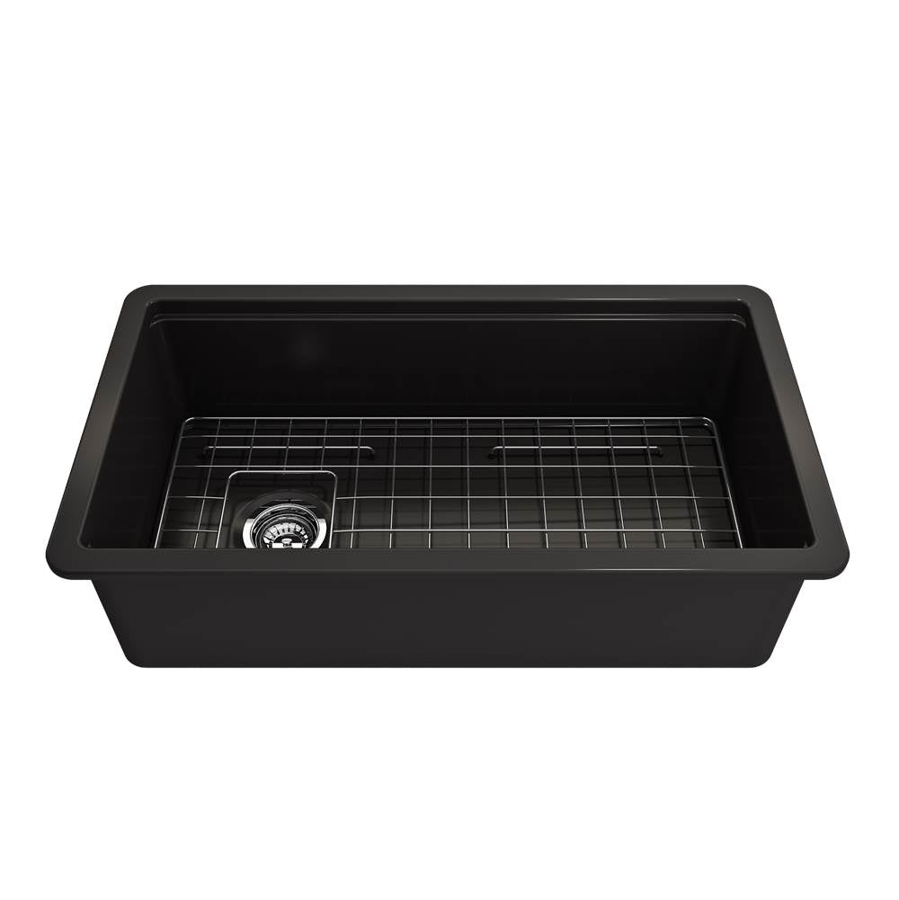 BOCCHI - Sotto Step-Rim Tri-Mount Fireclay 34 in. Single Bowl Kitchen Sink Integrated Workstation and Accessories with Protective Bottom Grid and Strainer in Matte Black - Matte Black