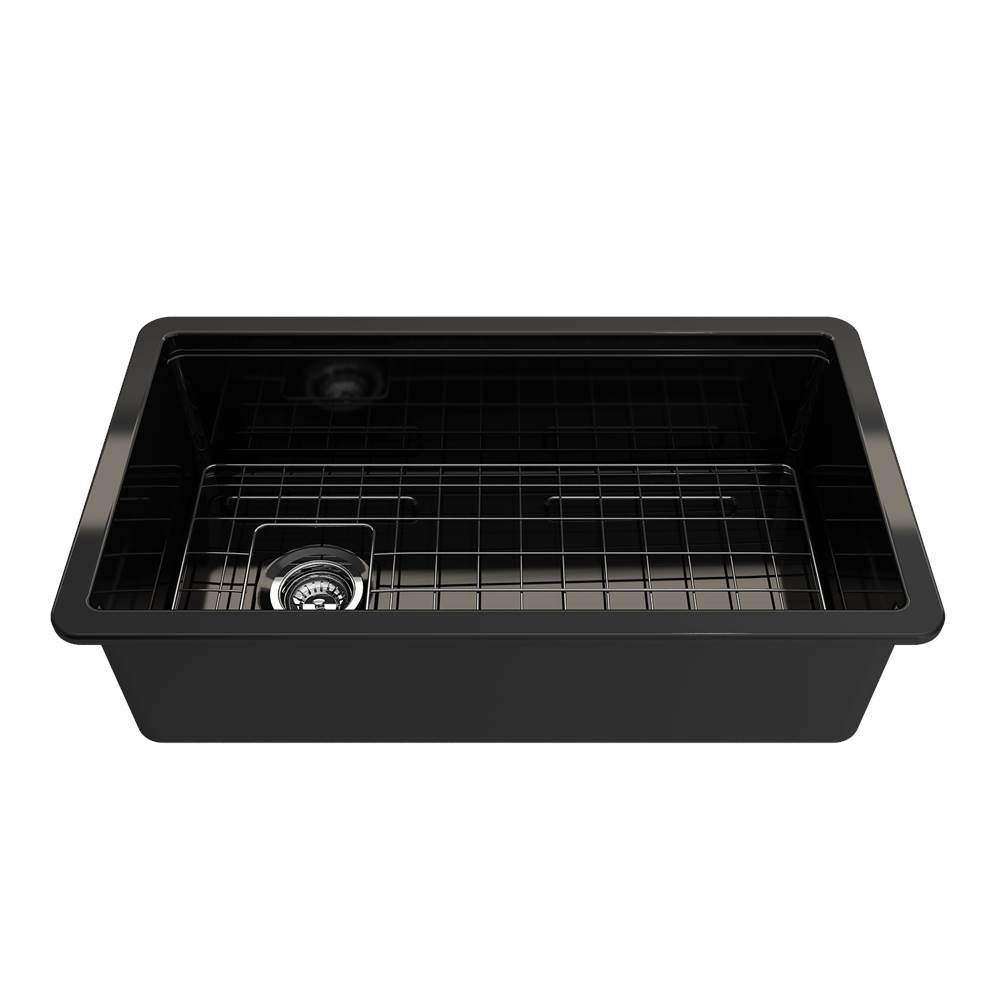 BOCCHI - Sotto Step-Rim Tri-Mount Fireclay 34 in. Single Bowl Kitchen Sink Integrated Workstation and Accessories with Protective Bottom Grid and Strainer in Black - Black