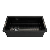 BOCCHI - Sotto Step-Rim Tri-Mount Fireclay 34 in. Single Bowl Kitchen Sink Integrated Workstation and Accessories with Protective Bottom Grid and Strainer in Black - Black