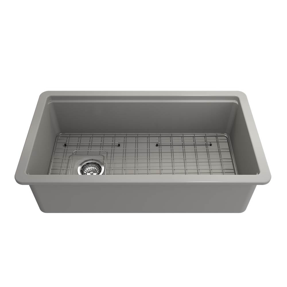 BOCCHI - Sotto Step-Rim Tri-Mount Fireclay 34 in. Single Bowl Kitchen Sink Integrated Workstation and Accessories with Protective Bottom Grid and Strainer in Matte Gray - Matte Gray