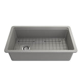 BOCCHI - Sotto Step-Rim Tri-Mount Fireclay 34 in. Single Bowl Kitchen Sink Integrated Workstation and Accessories with Protective Bottom Grid and Strainer in Matte Gray - Matte Gray