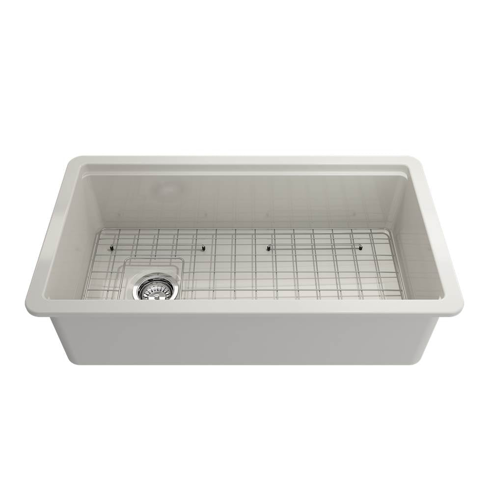 BOCCHI - Sotto Step-Rim Tri-Mount Fireclay 34 in. Single Bowl Kitchen Sink Integrated Workstation and Accessories with Protective Bottom Grid and Strainer in Biscuit - Biscuit