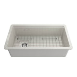 BOCCHI - Sotto Step-Rim Tri-Mount Fireclay 34 in. Single Bowl Kitchen Sink Integrated Workstation and Accessories with Protective Bottom Grid and Strainer in Biscuit - Biscuit