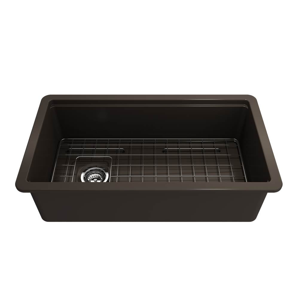 BOCCHI - Sotto Step-Rim Tri-Mount Fireclay 34 in. Single Bowl Kitchen Sink Integrated Workstation and Accessories with Protective Bottom Grid and Strainer in Matte Brown - Matte Brown