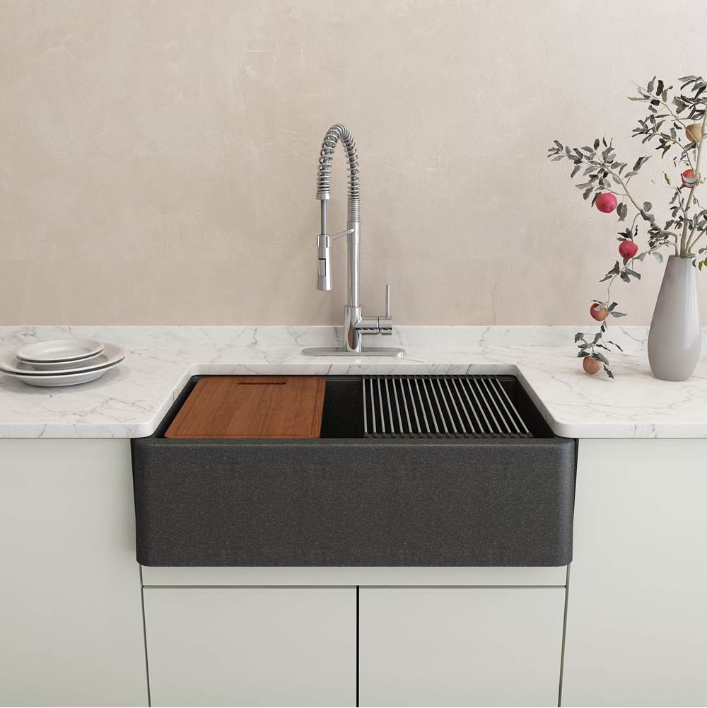Arona Apron-Front 33 in. Single Bowl Granite Composite Kitchen Sink with Integrated Workstation and Accessories in Matte Black