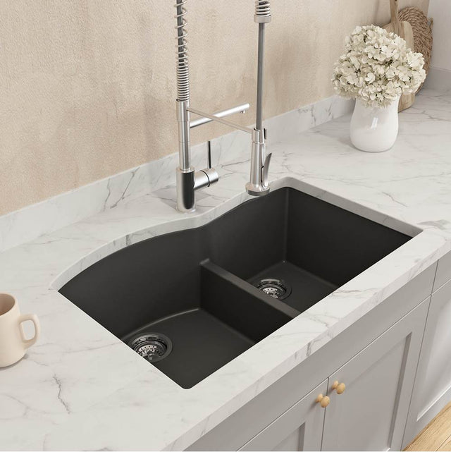 BOCCHI - Campino Duo Dual Mount Granite Composite 33 in. 60/40 Double Bowl Kitchen Sink with Strainers in Matte Black - Matte Black