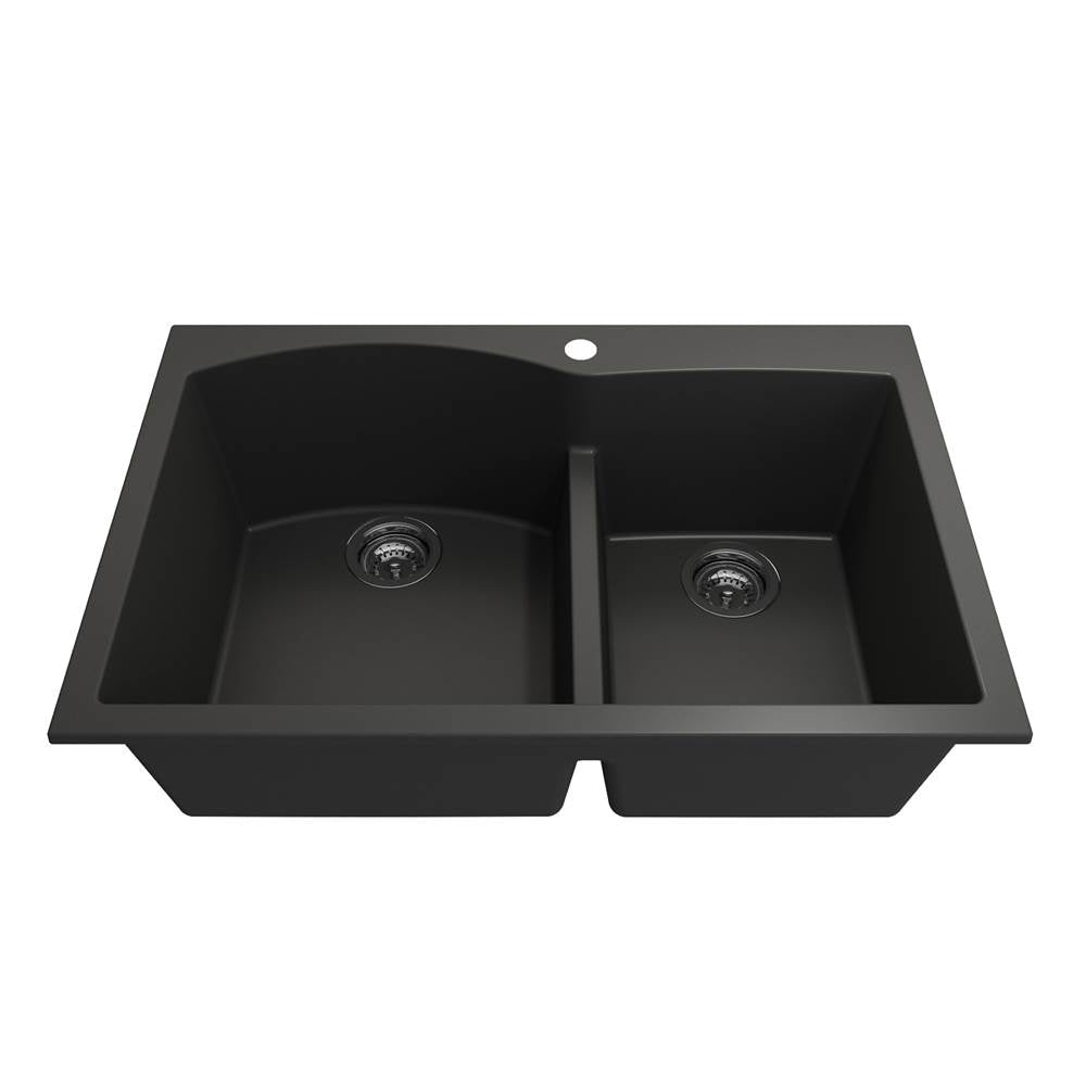 Campino Duo Dual Mount Granite Composite 33 in. 60/40 Double Bowl Kitchen Sink with Strainers in Matte Black