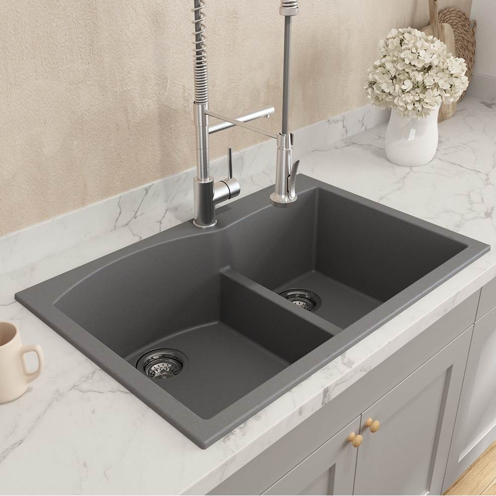 Campino Duo Dual Mount Granite Composite 33 in. 60/40 Double Bowl Kitchen Sink with Strainers in Matte Black
