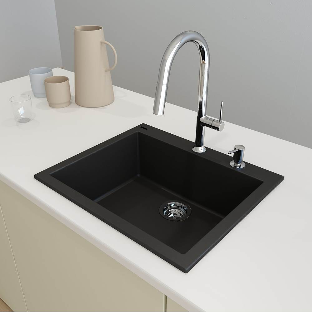 Campino Uno Dual Mount Granite Composite 24 in. Single Bowl Kitchen Sink with Strainer in Matte Black