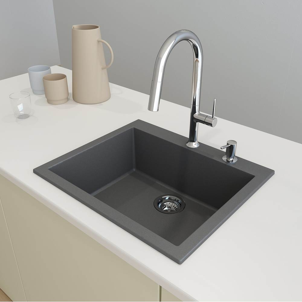 Campino Uno Dual Mount Granite Composite 24 in. Single Bowl Kitchen Sink with Strainer in Matte Black