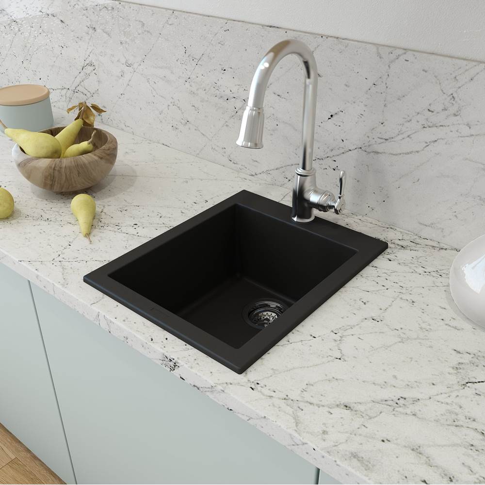 Campino Uno Dual Mount Granite Composite 16 in. Single Bowl Bar Sink with Strainer in Matte Black