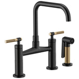 Brizo - Litze Bridge Faucet with Square Spout and Knurled Handle - Matte Black With Luxe Gold