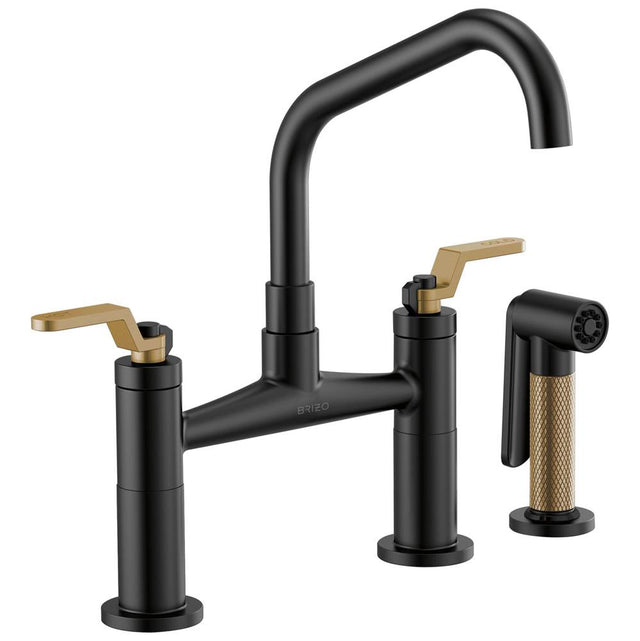 Brizo - Litze Bridge Faucet with Angled Spout and Industrial Handle - Matte Black With Luxe Gold