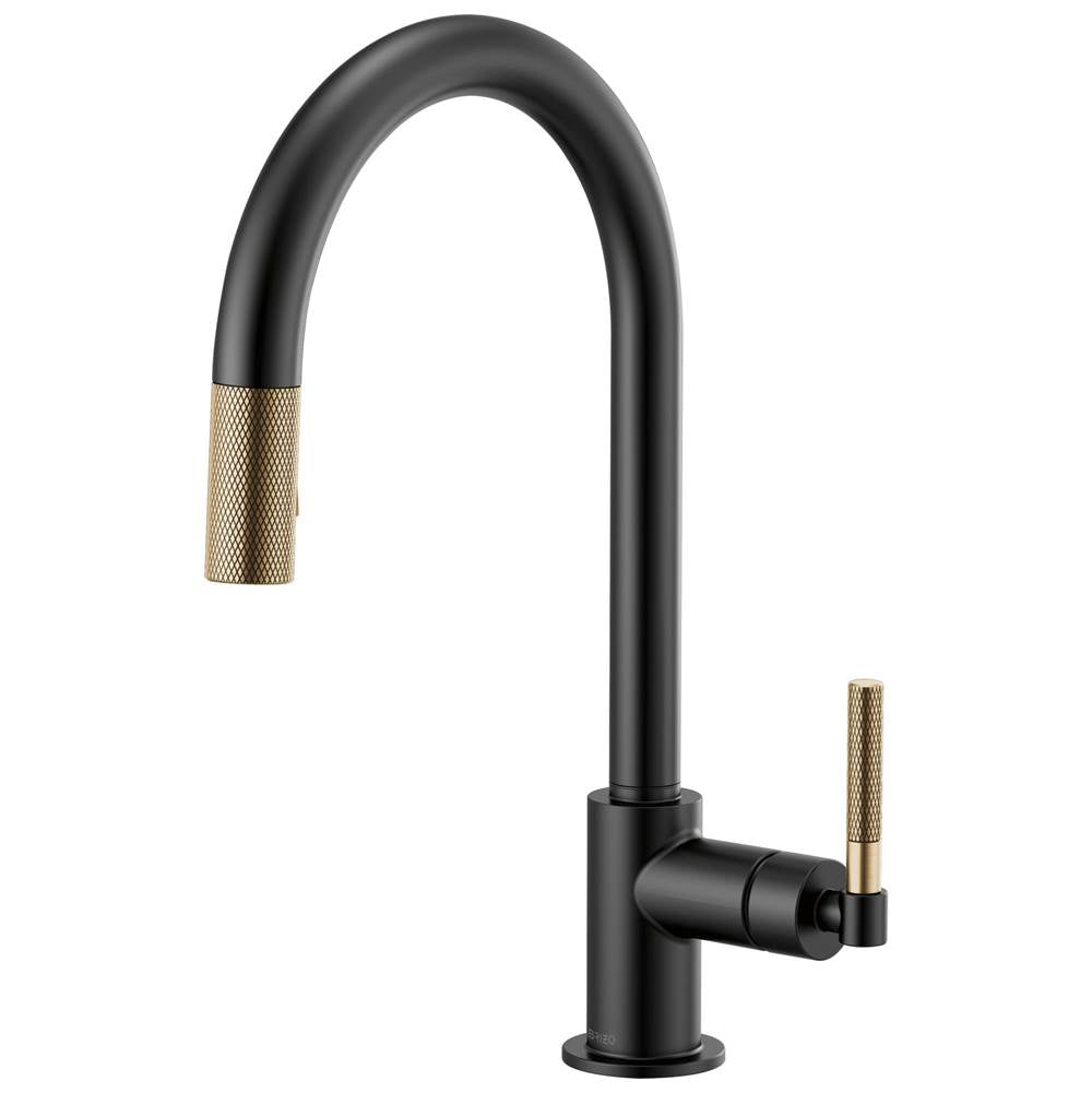 Brizo - Litze Pull-Down Faucet with Arc Spout and Knurled Handle - Matte Black With Luxe Gold