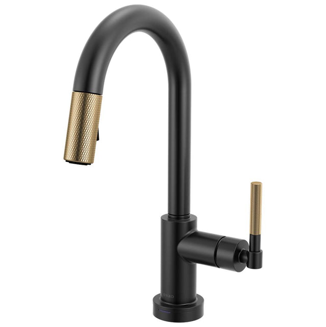 Brizo - Litze Smarttouch Pull-Down Prep Faucet with Arc Spout - Knurled Handle - Matte Black With Luxe Gold