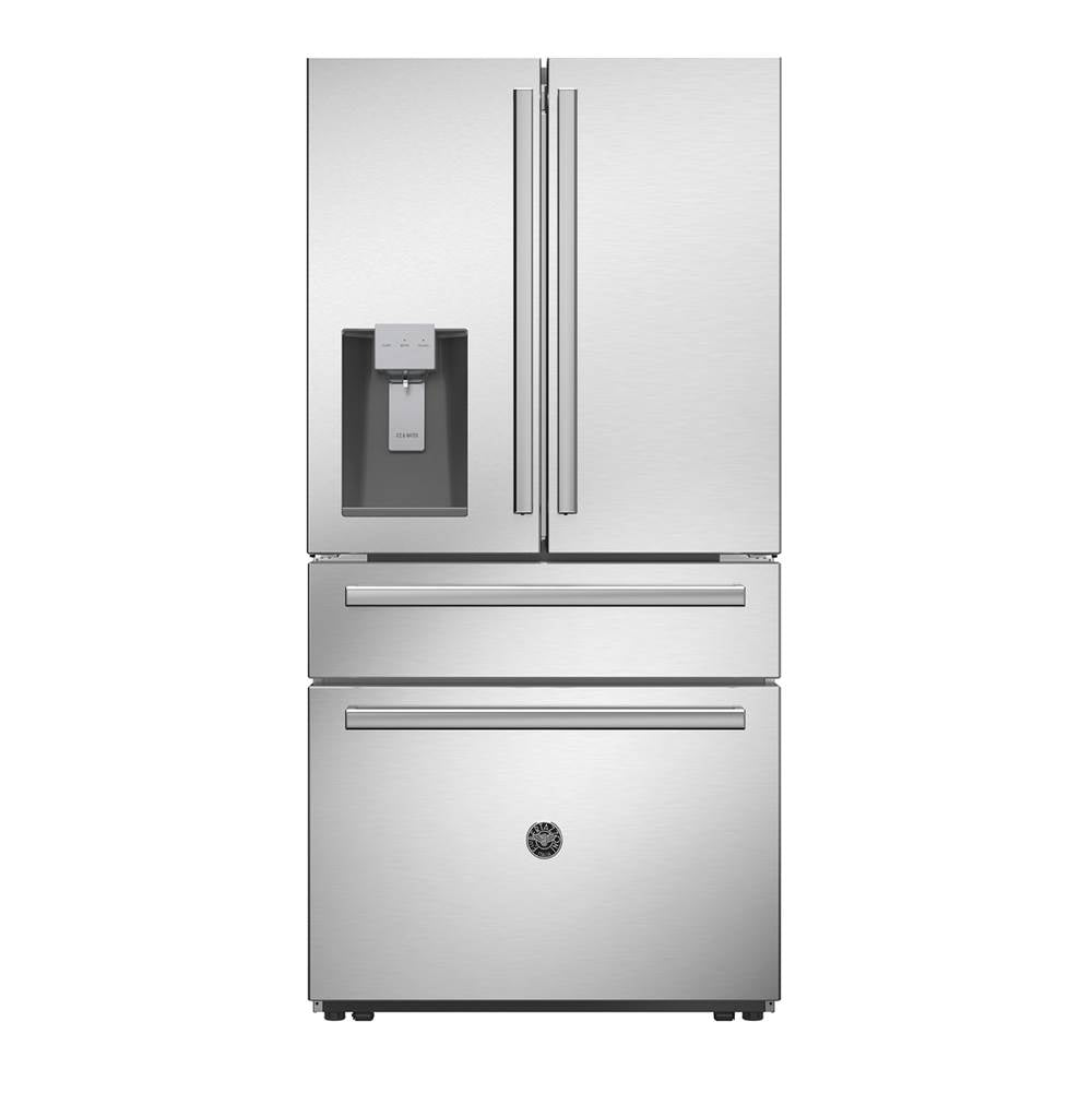 Bertazzoni - Counter Depth French Door Refrigerator, 36'', Ice and Water Dispenser through Door, Quattro Temp Zone Drawer - Stainless Steel
