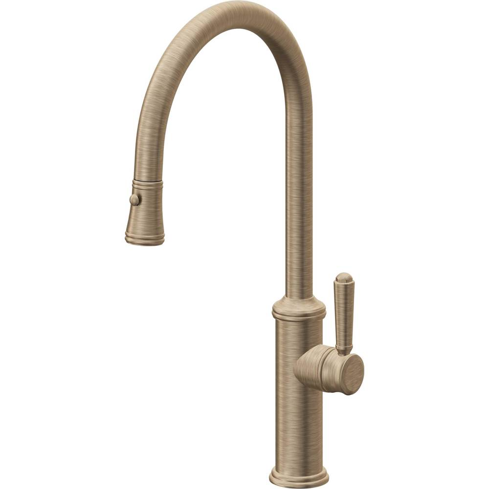 California Faucets - Pull-Down Kitchen Faucet with Button Sprayer  - High Arc Spout - Antique Brass Flat