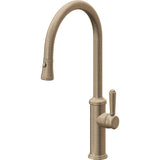 California Faucets - Pull-Down Kitchen Faucet with Button Sprayer  - High Arc Spout - Antique Brass Flat