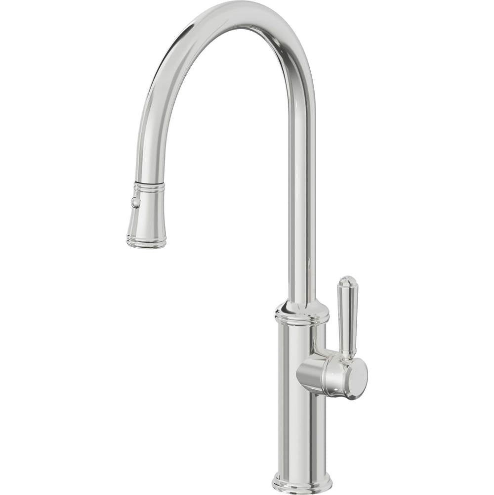 California Faucets - Pull-Down Kitchen Faucet with Button Sprayer  - High Arc Spout - Polished Chrome