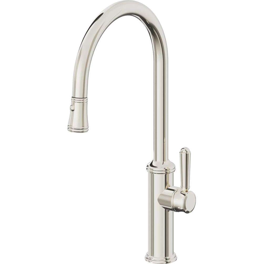 California Faucets - Pull-Down Kitchen Faucet with Button Sprayer  - High Arc Spout - Polished Nickel Pvd