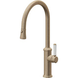 California Faucets - Pull-Down Kitchen Faucet with Button Sprayer  - High Arc Spout - Antique Brass Flat
