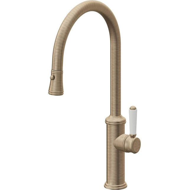 California Faucets - Pull-Down Kitchen Faucet with Button Sprayer  - High Arc Spout - Antique Brass Flat