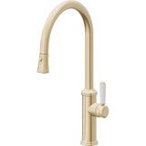 California Faucets - Pull-Down Kitchen Faucet with Button Sprayer  - High Arc Spout - Satin Brass Pvd