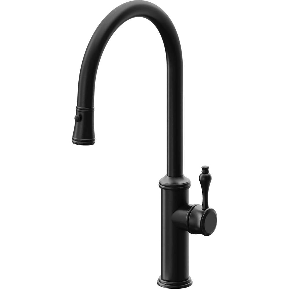 California Faucets - Pull-Down Kitchen Faucet with Button Sprayer  - High Arc Spout - Matte Black