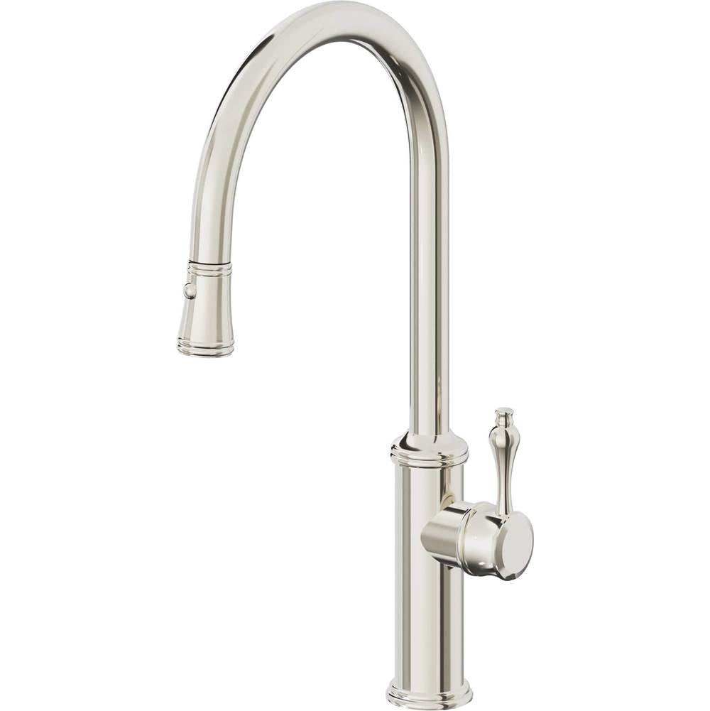 California Faucets - Pull-Down Kitchen Faucet with Button Sprayer  - High Arc Spout - Polished Nickel Pvd