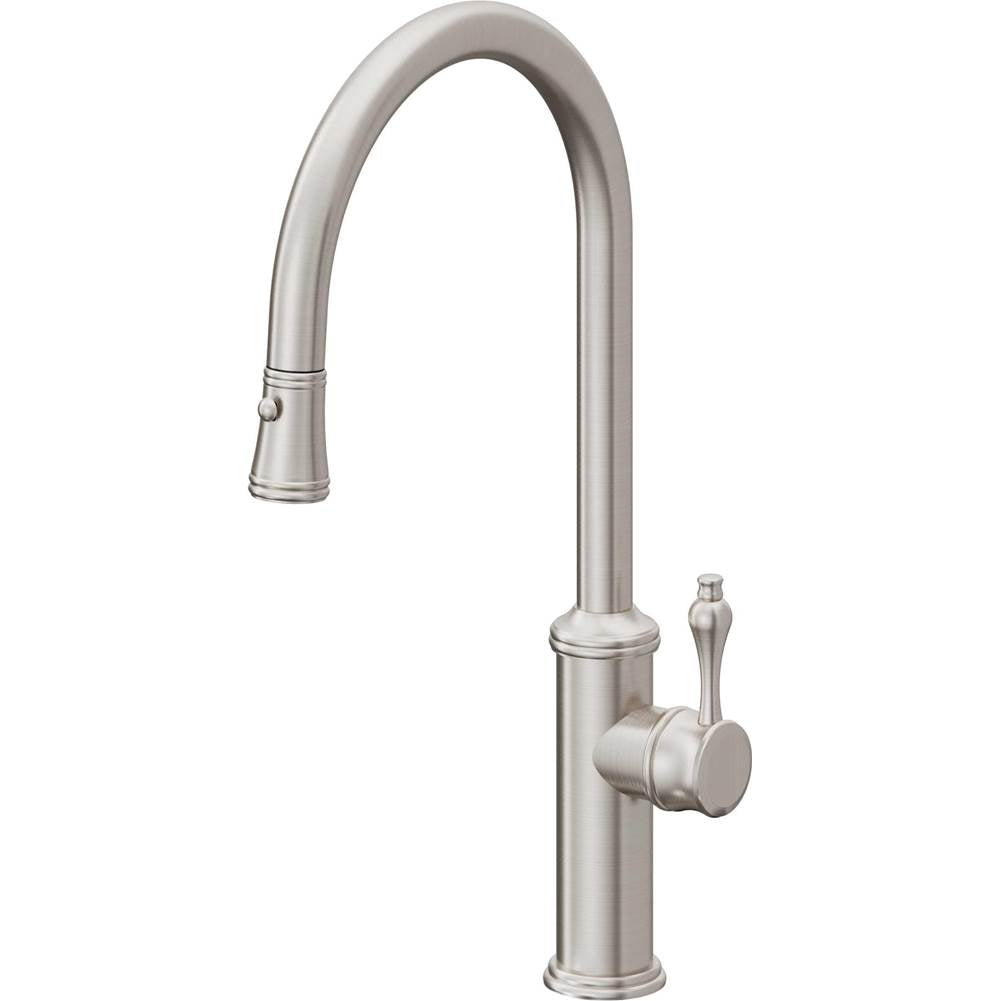 California Faucets - Pull-Down Kitchen Faucet with Button Sprayer  - High Arc Spout - Ultra Stainless Steel Pvd