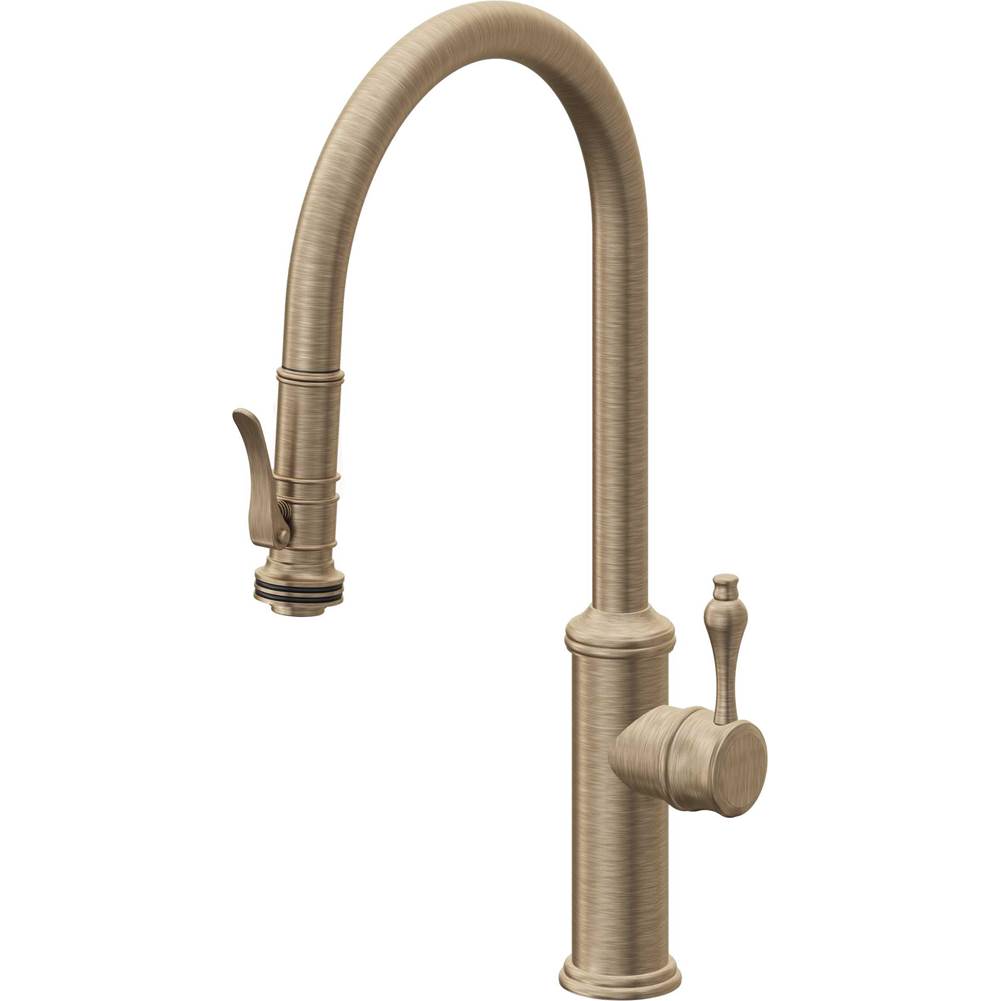 California Faucets - Pull-Down Kitchen Faucet with Squeeze Sprayer  - High Arc Spout - Antique Brass Flat