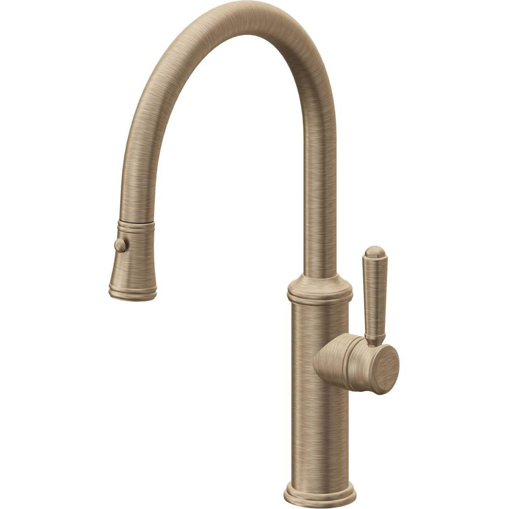 California Faucets - Pull-Down Kitchen Faucet with Button Sprayer  - Low Arc Spout - Antique Brass Flat