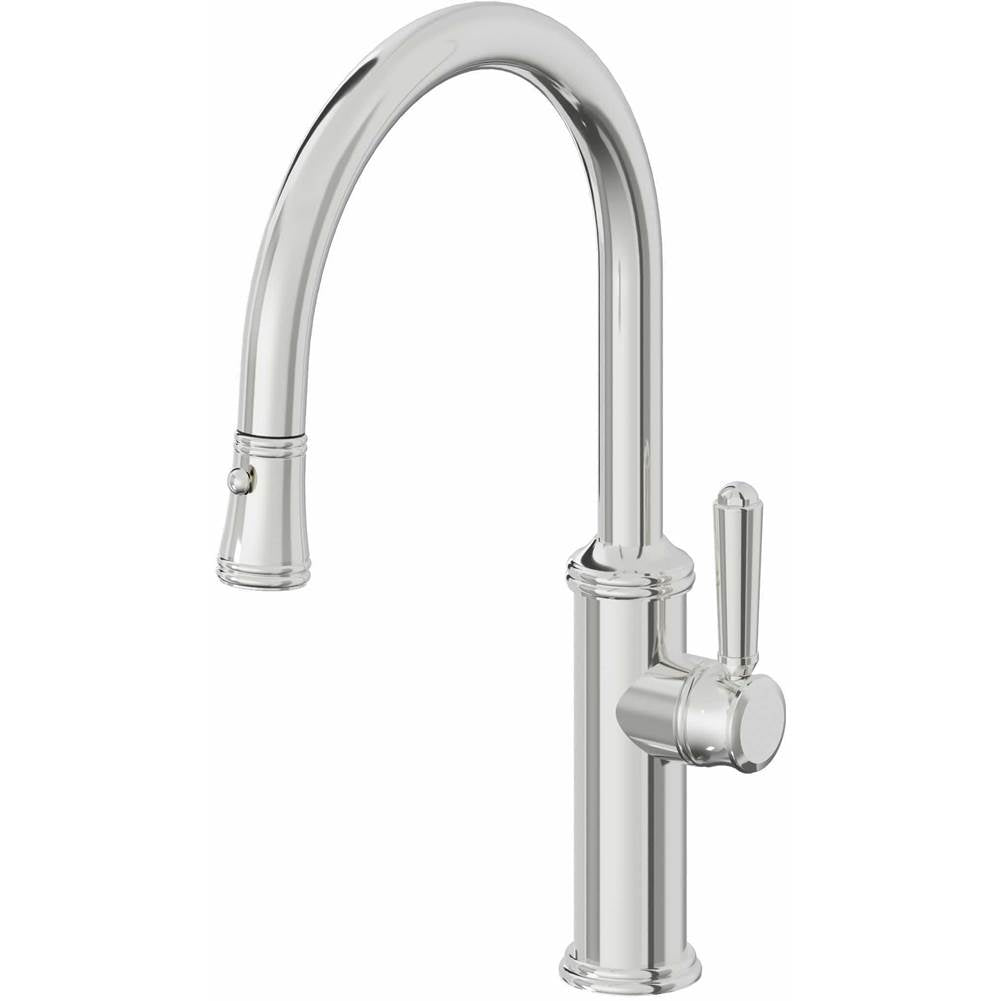 California Faucets - Pull-Down Kitchen Faucet with Button Sprayer  - Low Arc Spout - Polished Chrome