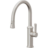 California Faucets - Pull-Down Kitchen Faucet with Button Sprayer  - Low Arc Spout - Ultra Stainless Steel Pvd