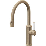 California Faucets - Pull-Down Kitchen Faucet with Button Sprayer  - Low Arc Spout - Antique Brass Flat