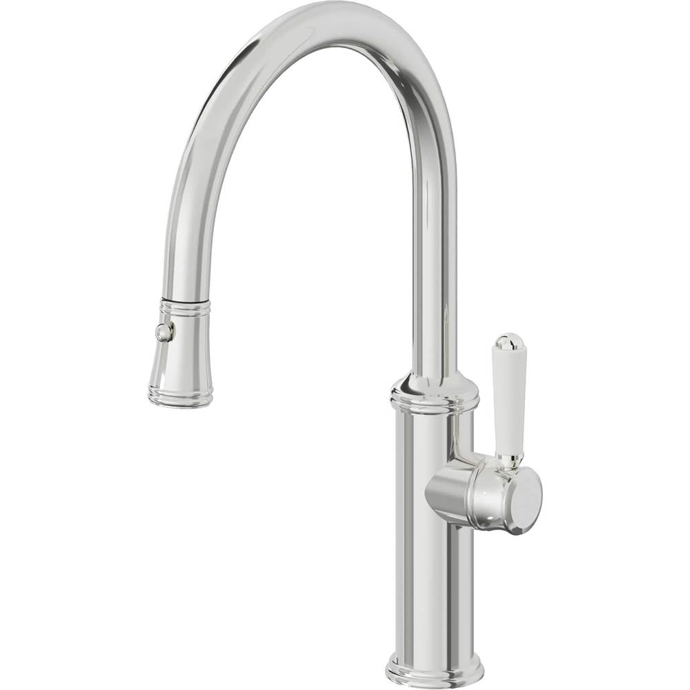 California Faucets - Pull-Down Kitchen Faucet with Button Sprayer  - Low Arc Spout - Polished Chrome
