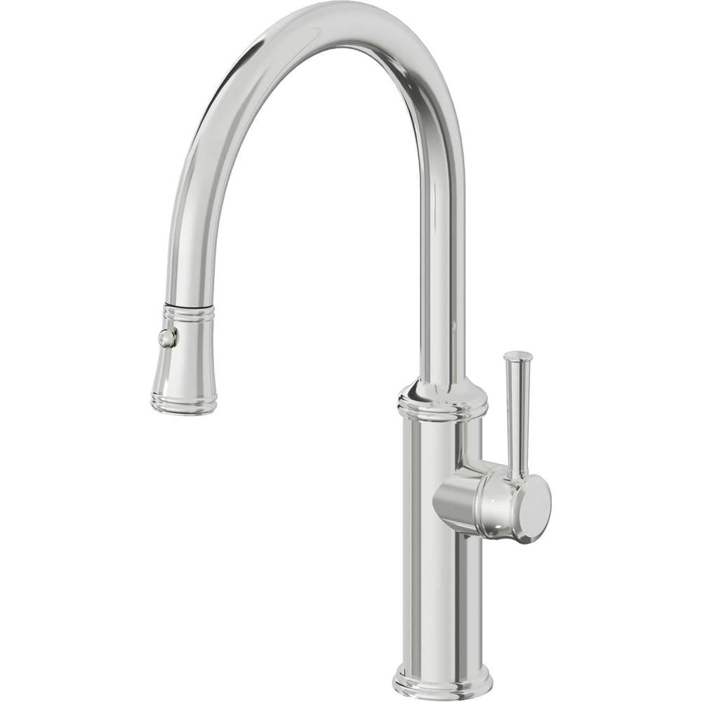 California Faucets - Pull-Down Kitchen Faucet with Button Sprayer  - Low Arc Spout - Polished Chrome