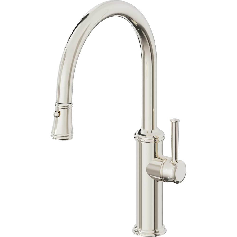 California Faucets - Pull-Down Kitchen Faucet with Button Sprayer  - Low Arc Spout - Polished Nickel Pvd