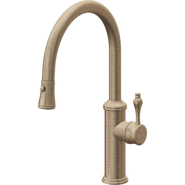 California Faucets - Pull-Down Kitchen Faucet with Button Sprayer  - Low Arc Spout - Antique Brass Flat
